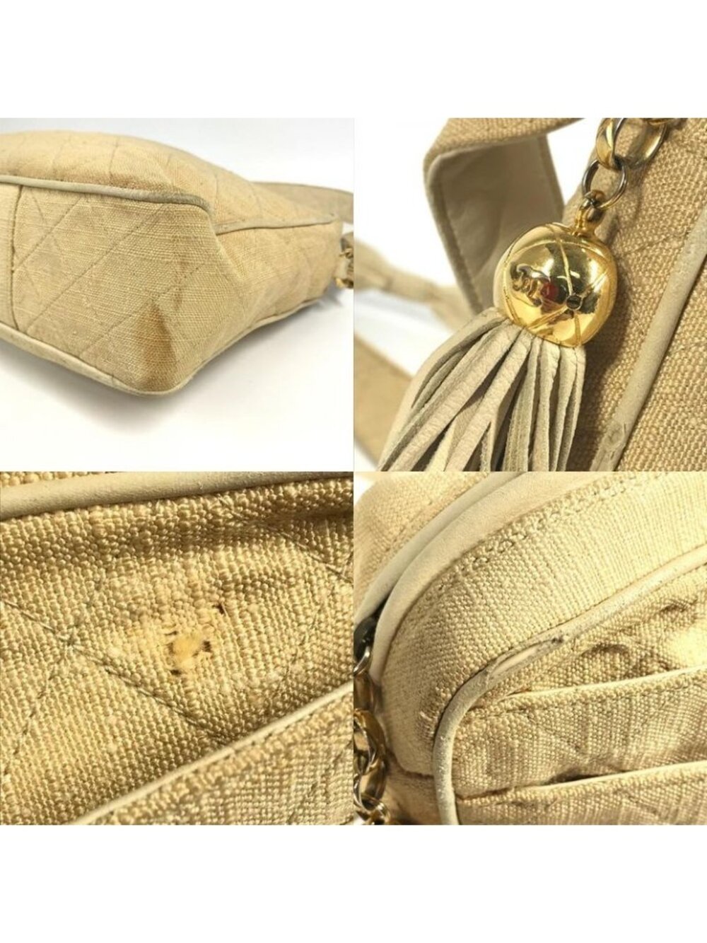 Chanel Shoulder Bag Logo Quilted Fringe Tassel Canvas Beige - Picture 7 of 9